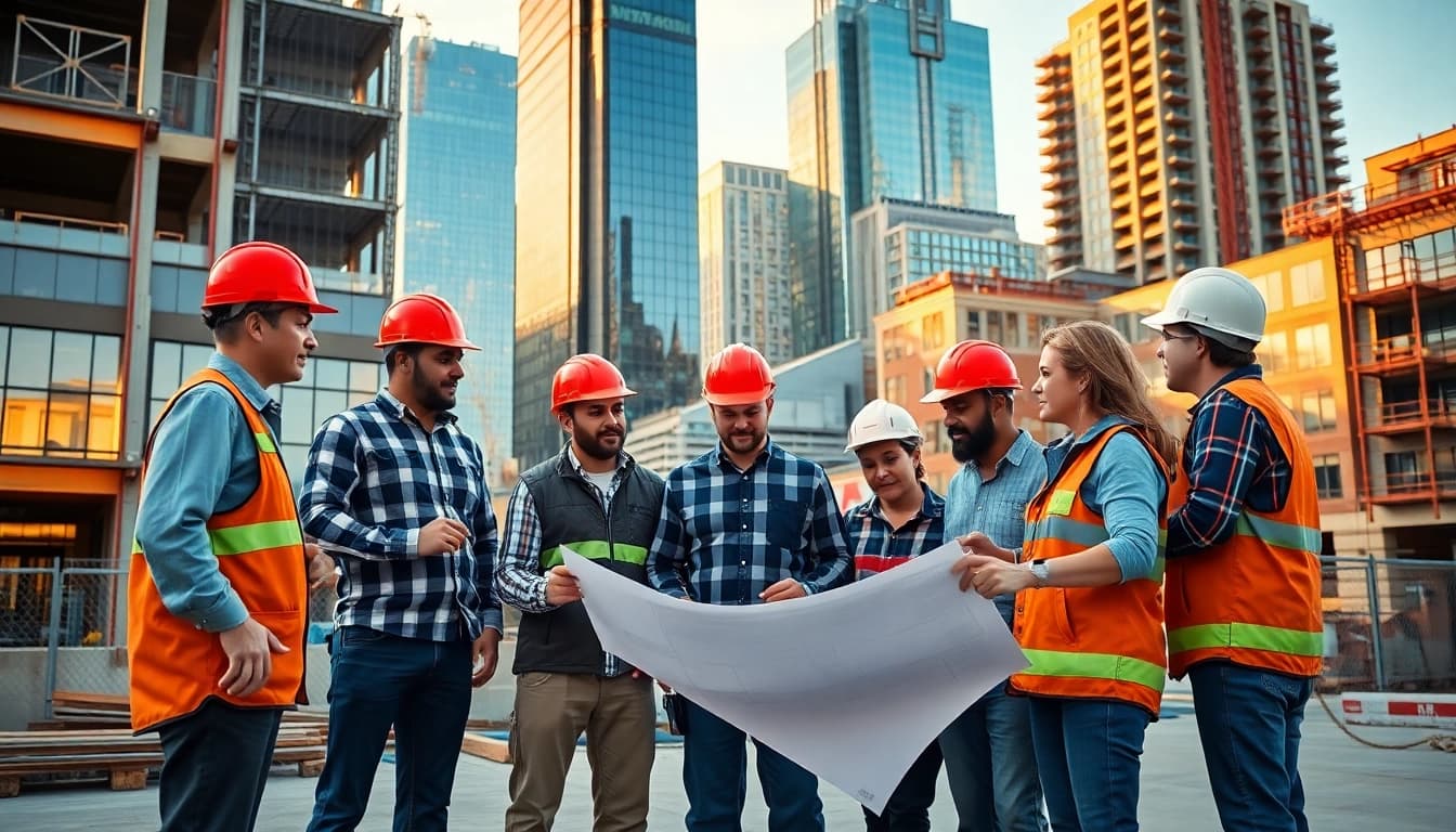 Construction team working on an Austin construction site, discussing plans and tools.