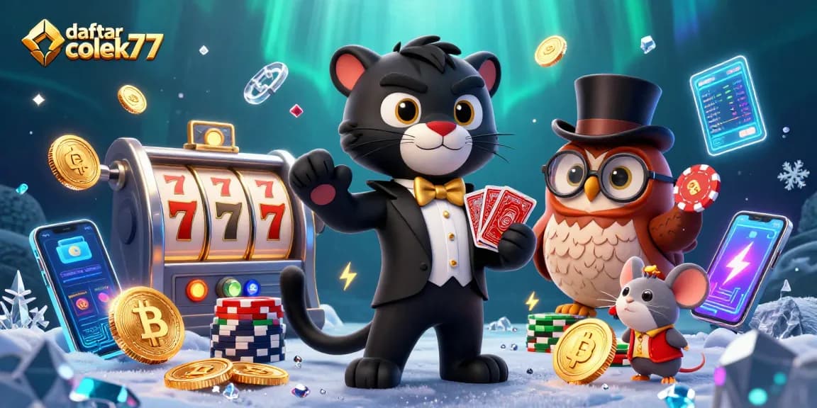 Deal cards with style at daftar colek77, featuring a panther, owl, and lucky mouse in a vibrant casino scene.