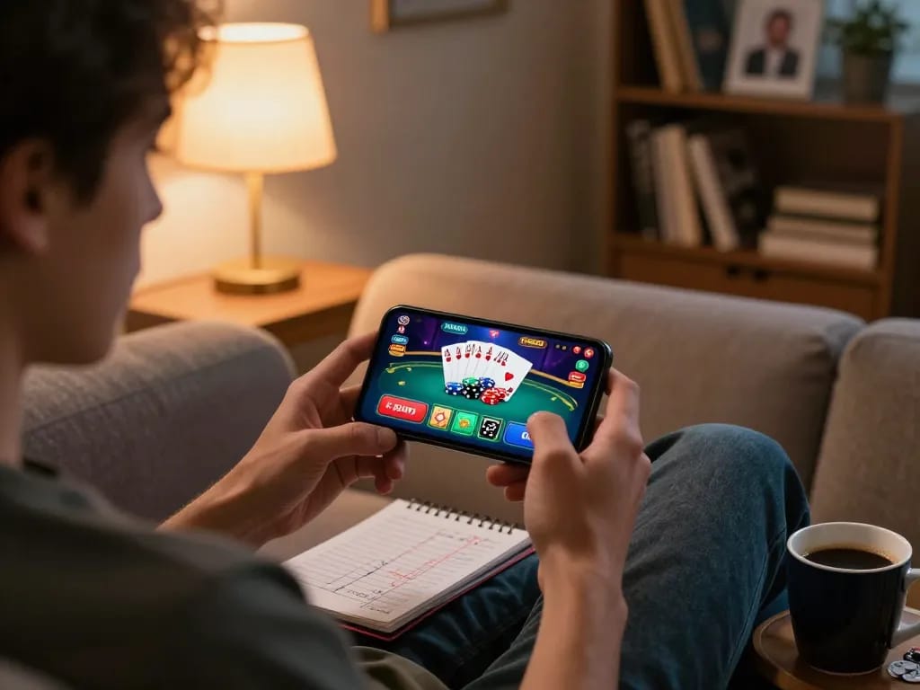 Player enjoying the slot bonus new member 100 di awal on a mobile app, showcasing a winning poker hand.