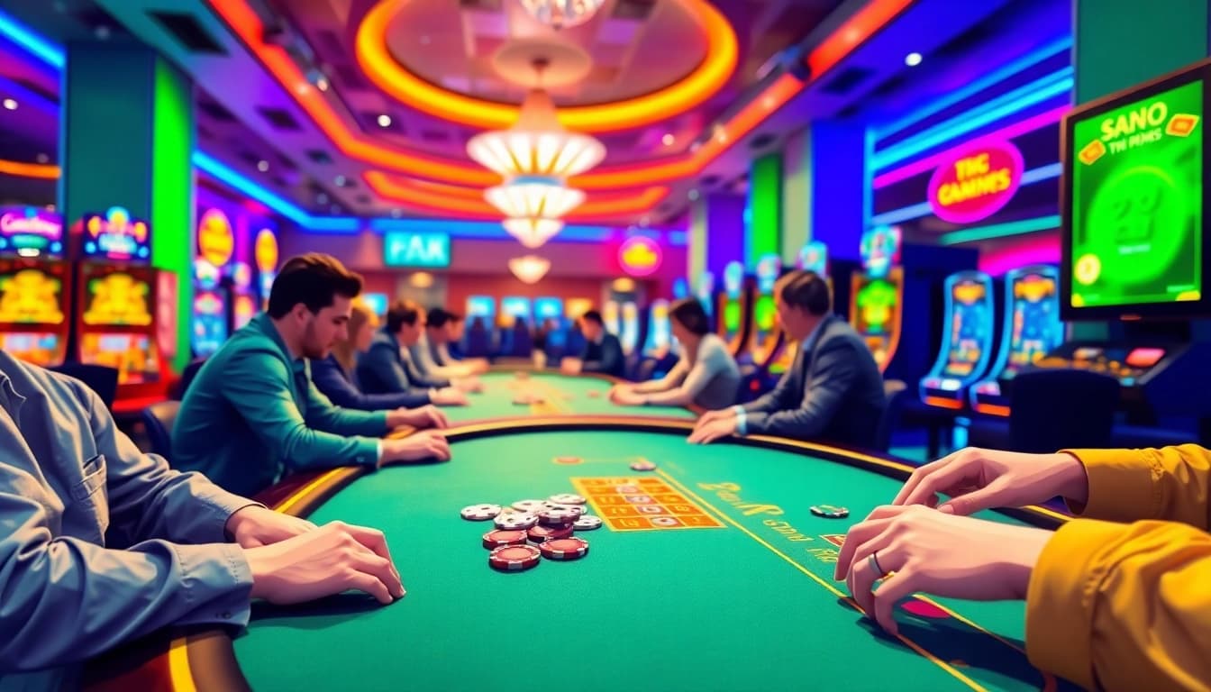 Erleben Sie den casino bonus ohne einzahlung neu in einem lebhaften virtuellen Casino mit Spielern und bunten Spielautomaten.
