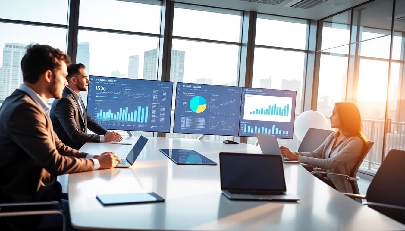 Showcase of an enterprise assistant platform in a collaborative office environment with professionals interacting.