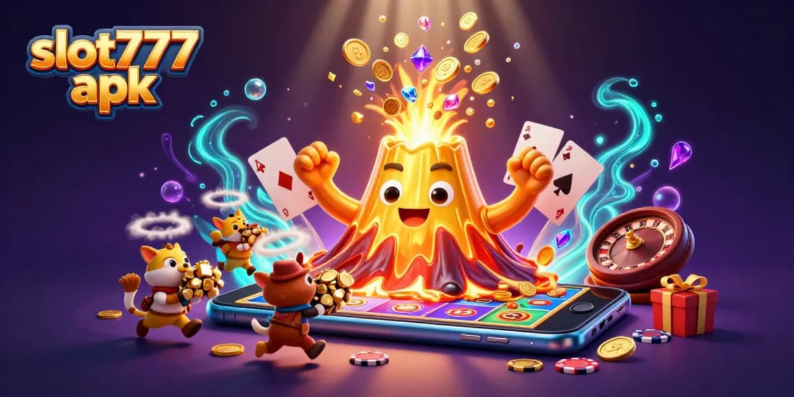 Experience thrilling wins with slot777 apk featuring a golden volcano erupting treasure in a vibrant casino scene.