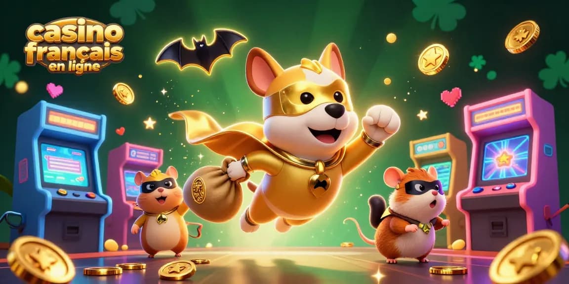 Visualisez un casino français en ligne où un chien super-héros vole avec des pièces d'or, entouré d'éléments ludiques.