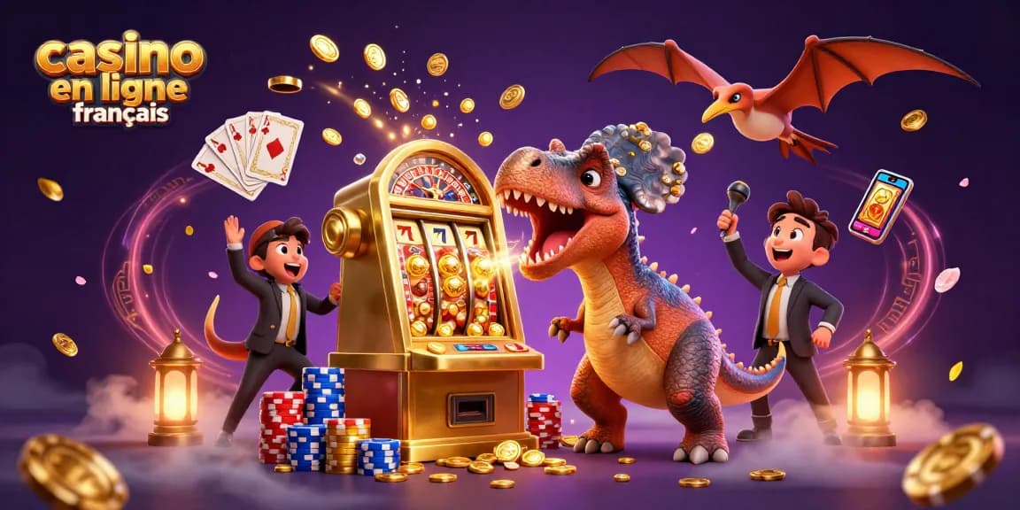 Illustration d'un casino en ligne français ; dinosaure en 3D actionnant une machine à sous gagnante.