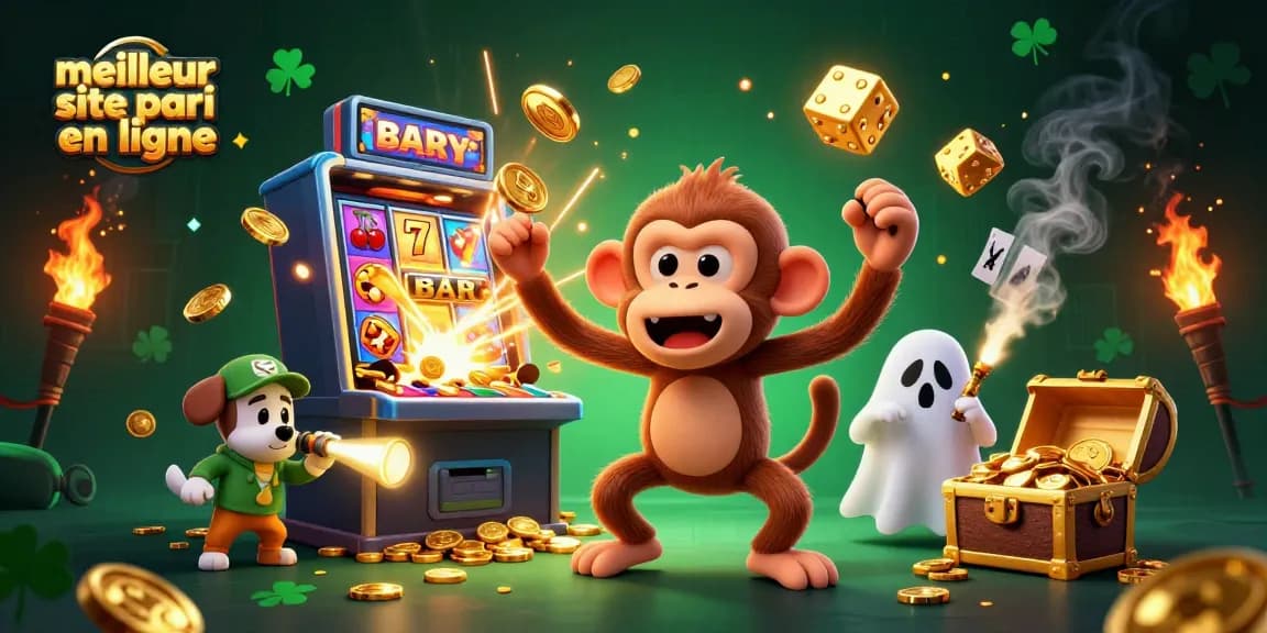 Illustration animée illustrant le meilleur site de paris en ligne avec un singe poltergeist et un chiot chasseur de fantômes.