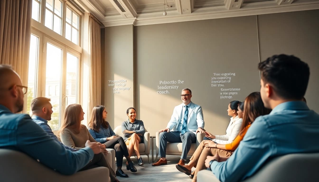 Empowering leadership coach guiding a diverse team in a modern office environment, fostering collaboration.