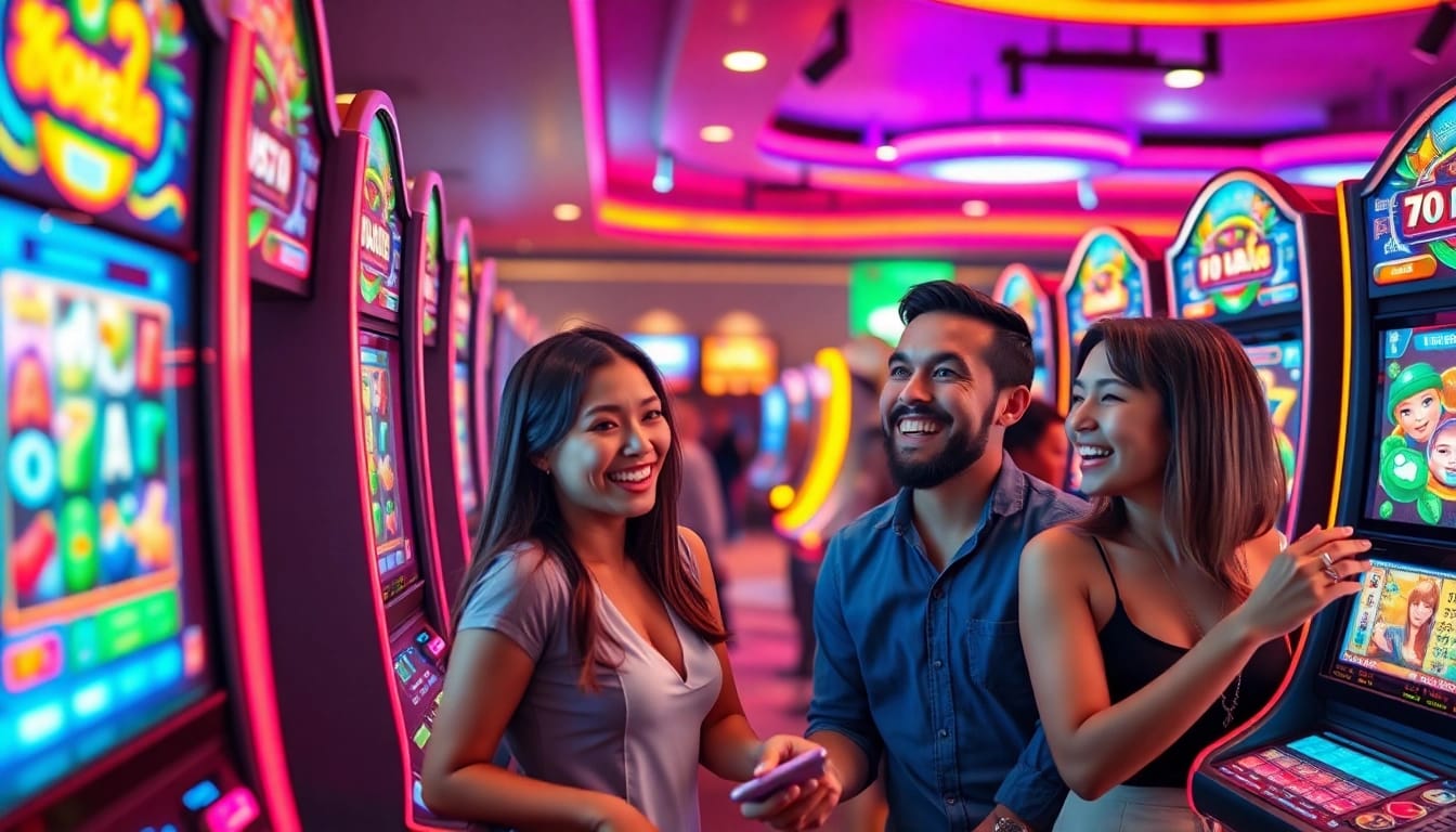 Kode4d slot games in a vibrant online casino setting, showcasing exciting gameplay and happy players.