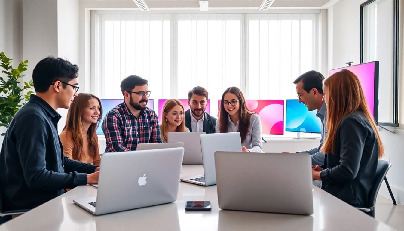 Website erstellen lassen mit einem engagierten Team im modernen Büro diskutiert.