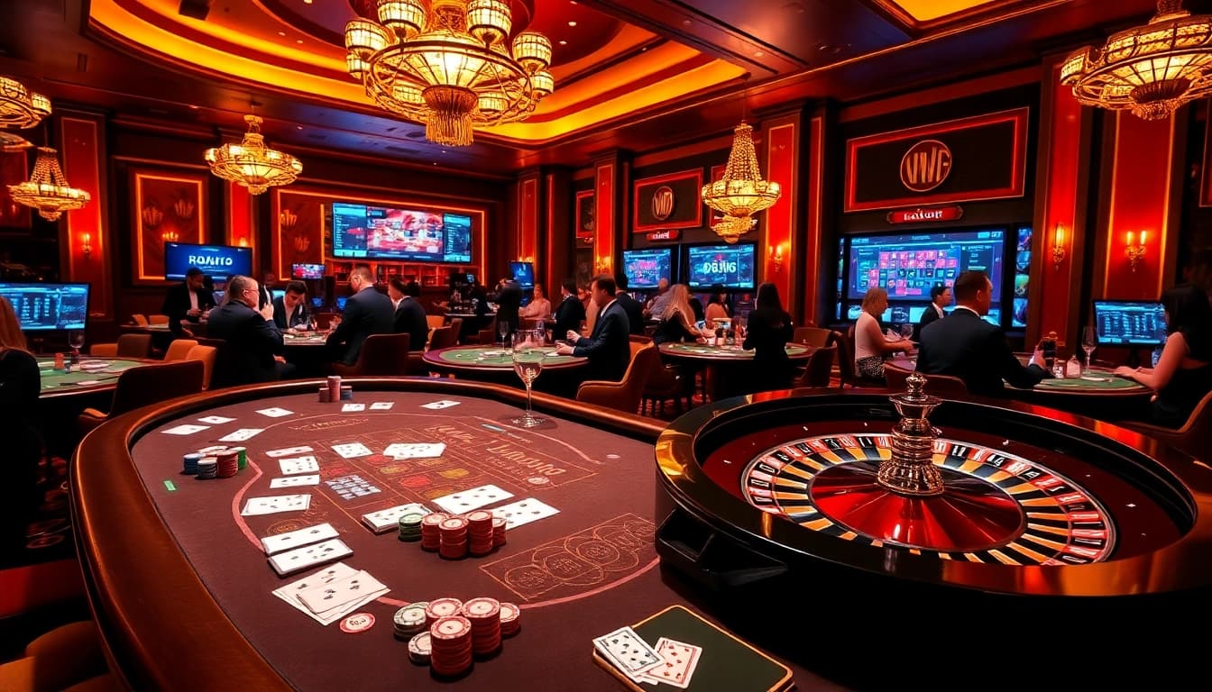 Une ambiance de casino animée avec des jetons de poker et une roue de roulette, mettant en avant l'excitation du casino en ligne français.