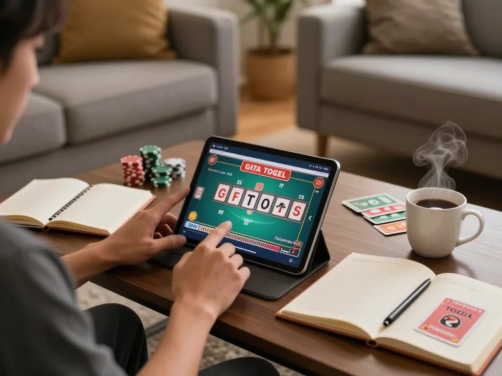 Engaging player using a tablet for gta togel, emphasizing strategy in a cozy living space