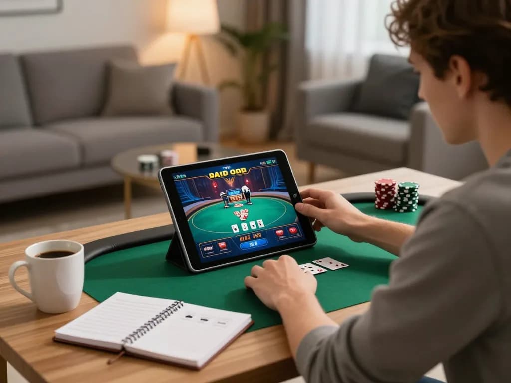 Engaging in poker gameplay on a tablet, representing casino online americani experiences.