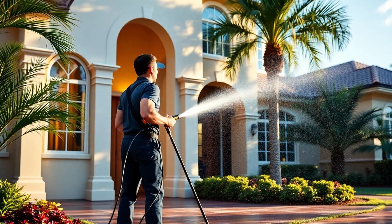 Soft wash technician cleaning a residential property in Kissimmee, FL with biodegradable solution.