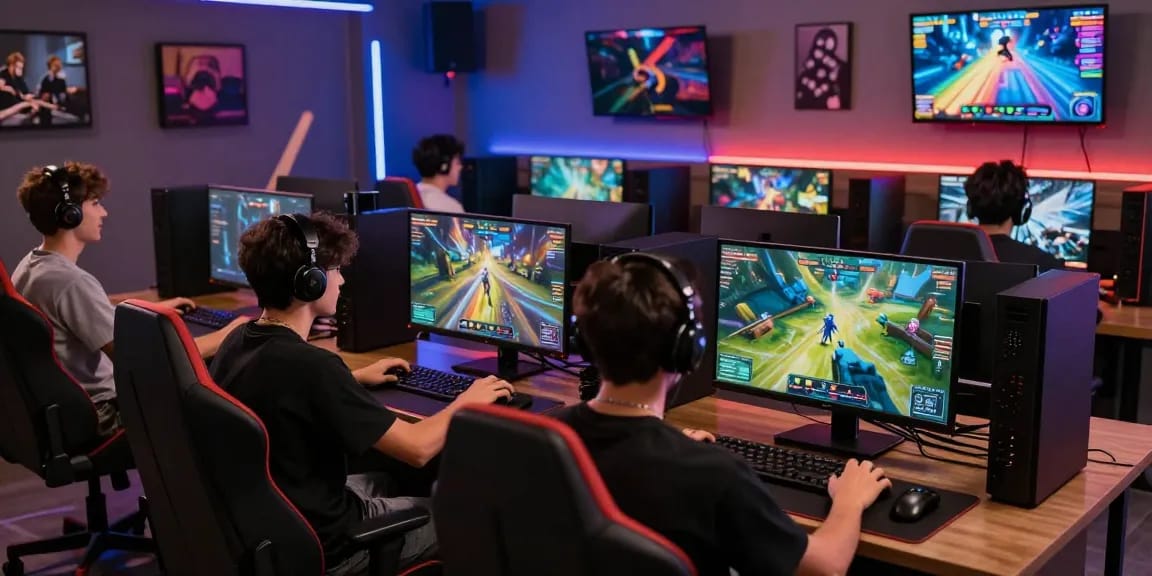 Engaged gamers enjoying the cika4d online gaming platform in a vibrant gaming lounge.