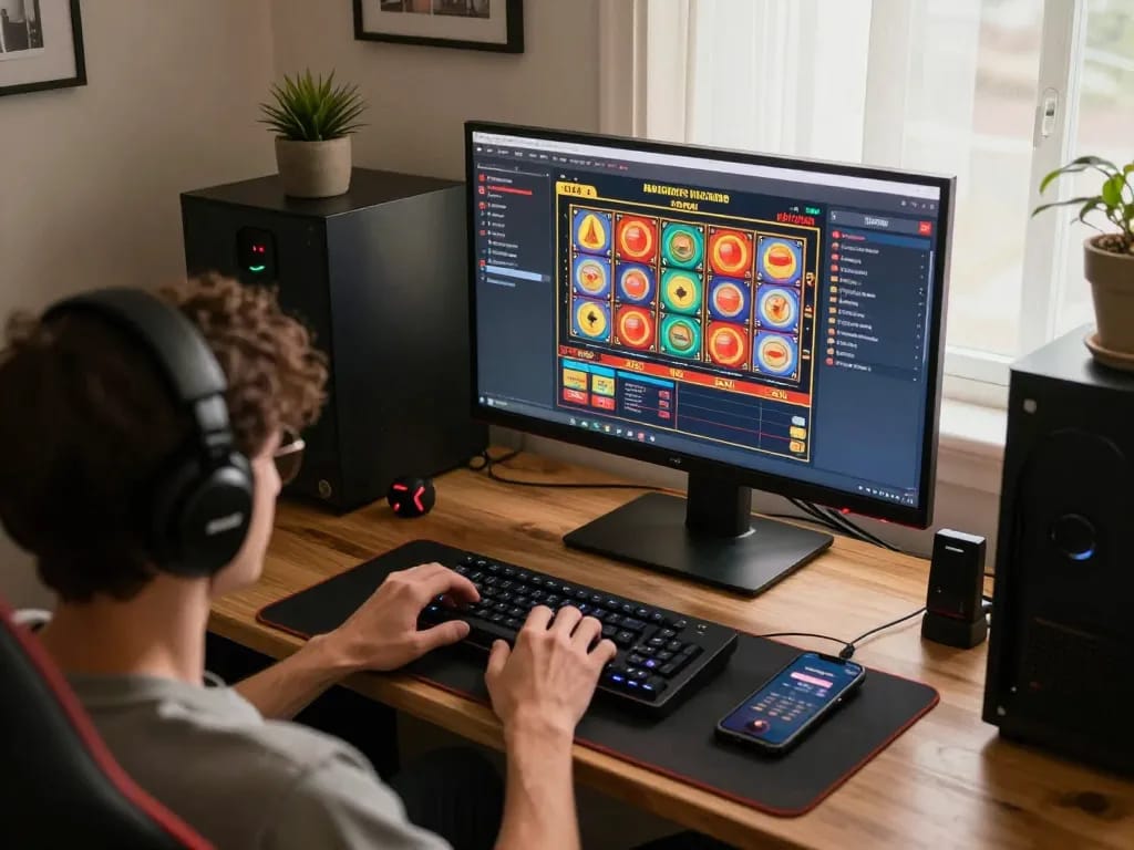 Engaging in online gaming at trang chủ nk88 with colorful slot reels and modern setup