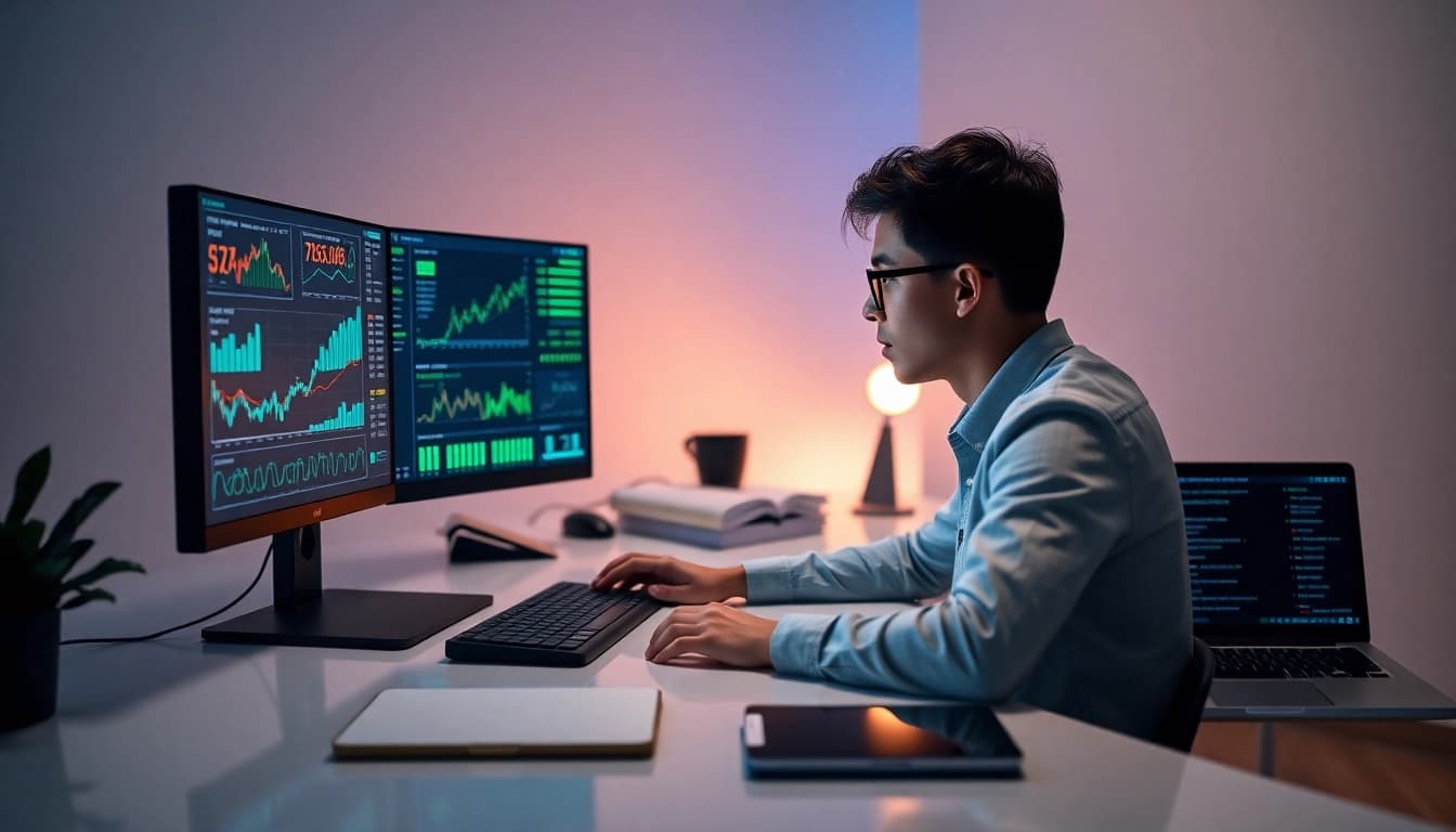 Infosec-focused developer analyzing financial data on dual monitors in a modern workspace.
