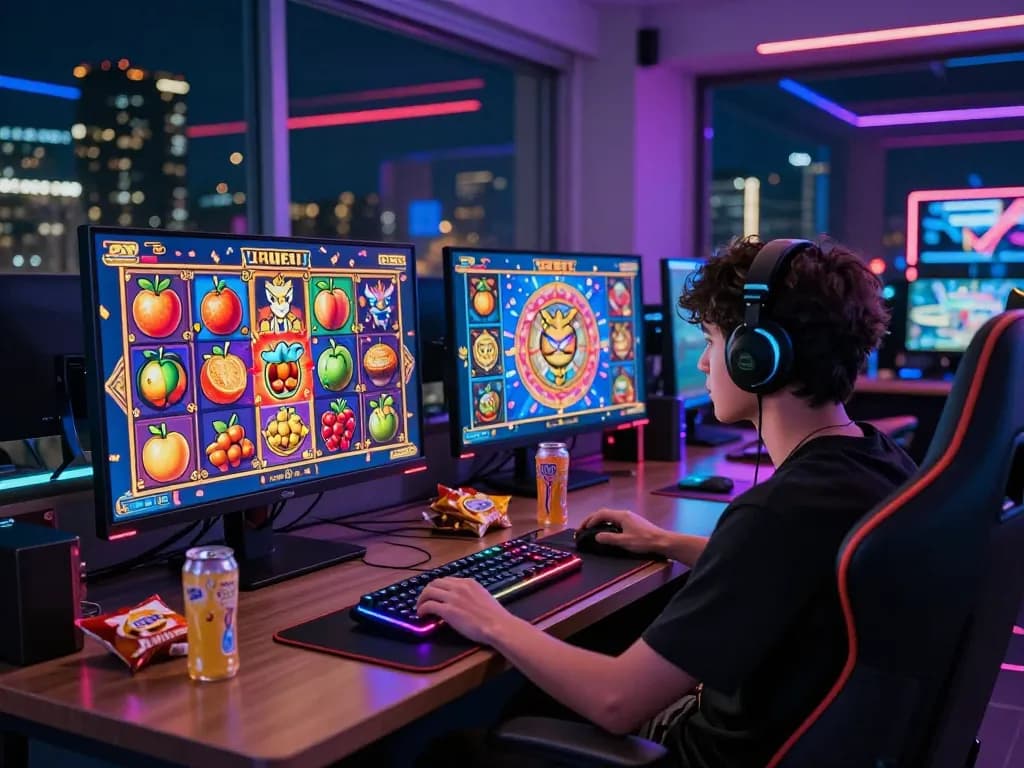 Pemain menikmati permainan situs slot pada pengaturan permainan yang kaya warna dengan visual yang cerah.