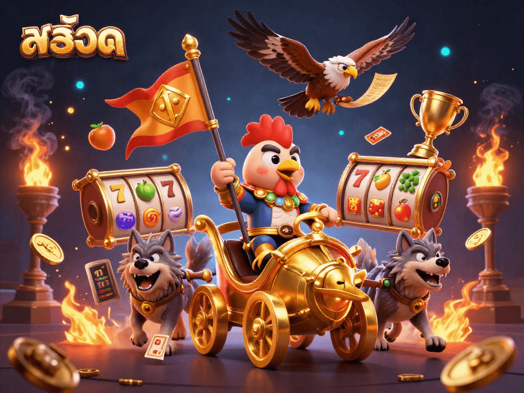 Experience thrillingสล็อต action with a dynamic scene featuring a golden chariot and casino elements.
