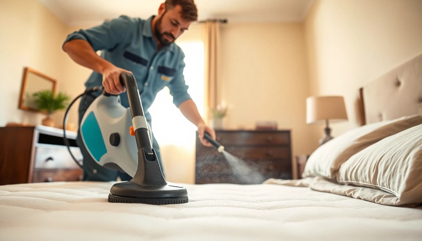 Apply affordable bed bug treatment using a steamer in a well-lit bedroom.