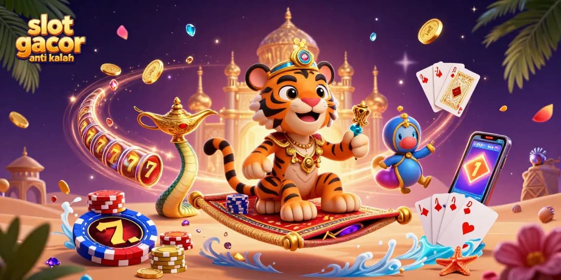 Experience the thrill of gaming with slot gacor anti kalah in a vibrant 3D casino scene featuring colorful characters.