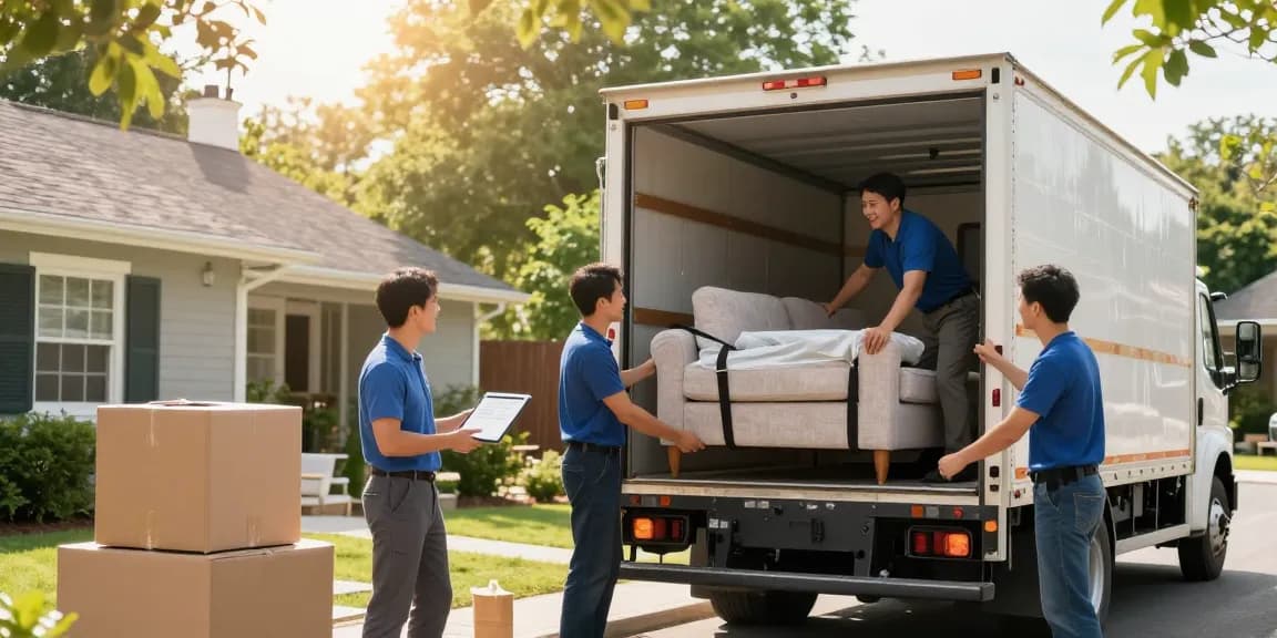 Friendly professional movers loading furniture into a truck for a moving company with storage near me.