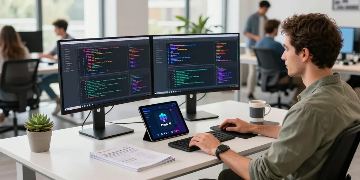 Developer coding with Crush AI app on ultra-wide monitors in a vibrant tech workspace
