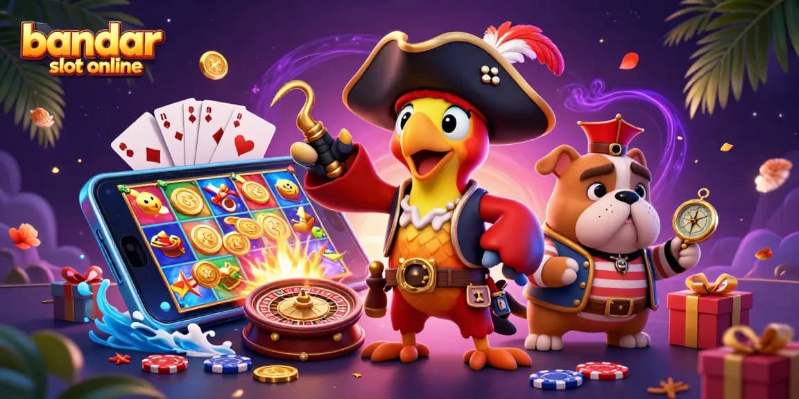 Spin to win at bandar slot online with colorful slots, exciting pirate characters, and vibrant casino elements.