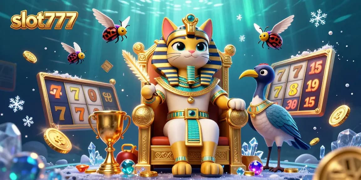 Experience the thrill of slot777 gaming with a pharaoh cat and golden elements in a vibrant casino atmosphere.