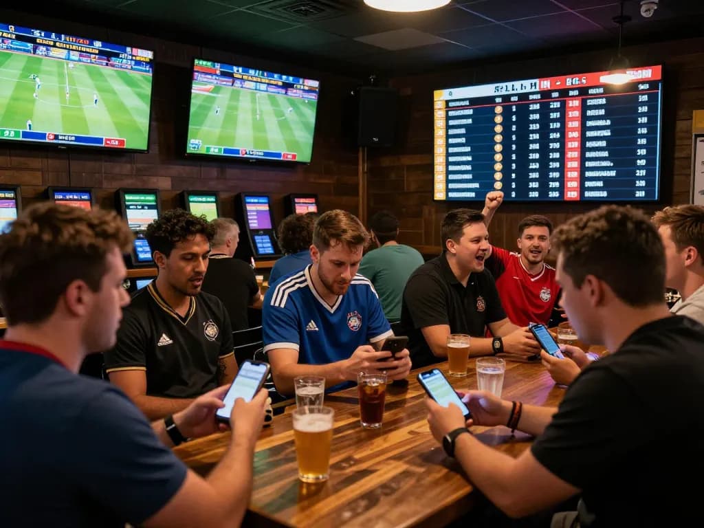 Siti di scommesse stranieri in action as bettors engage in smartphone betting at a lively sports bar.