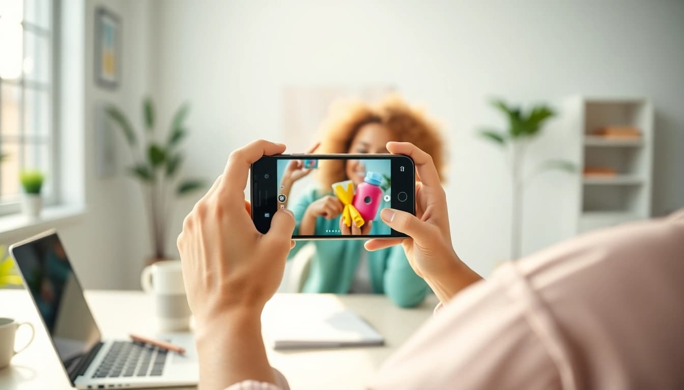 Engaging influencer monetizing Instagram stories link in a vibrant workspace setup.