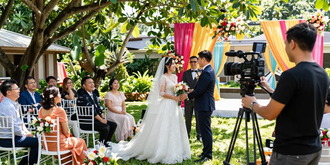 Wedding videography services in Sg capturing a couple's vows in an enchanting garden setting during a sunny ceremony.