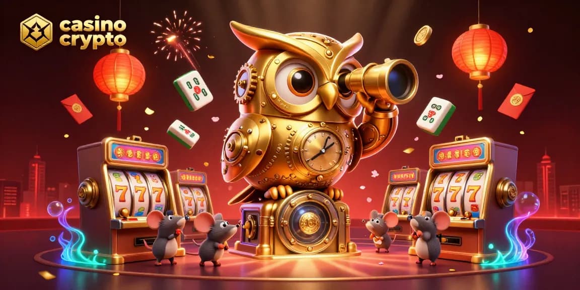Venez découvrir le casino en ligne crypto avec une illustration animée d'une chouette dorée, machines à sous et décors de jeu.