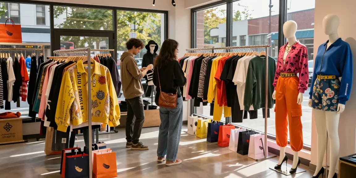 Shoppers exploring stylish clothing at shs-dome5.com storefront with vibrant displays.