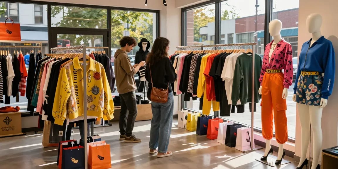 Shoppers exploring stylish clothing at shs-dome5.com storefront with vibrant displays.