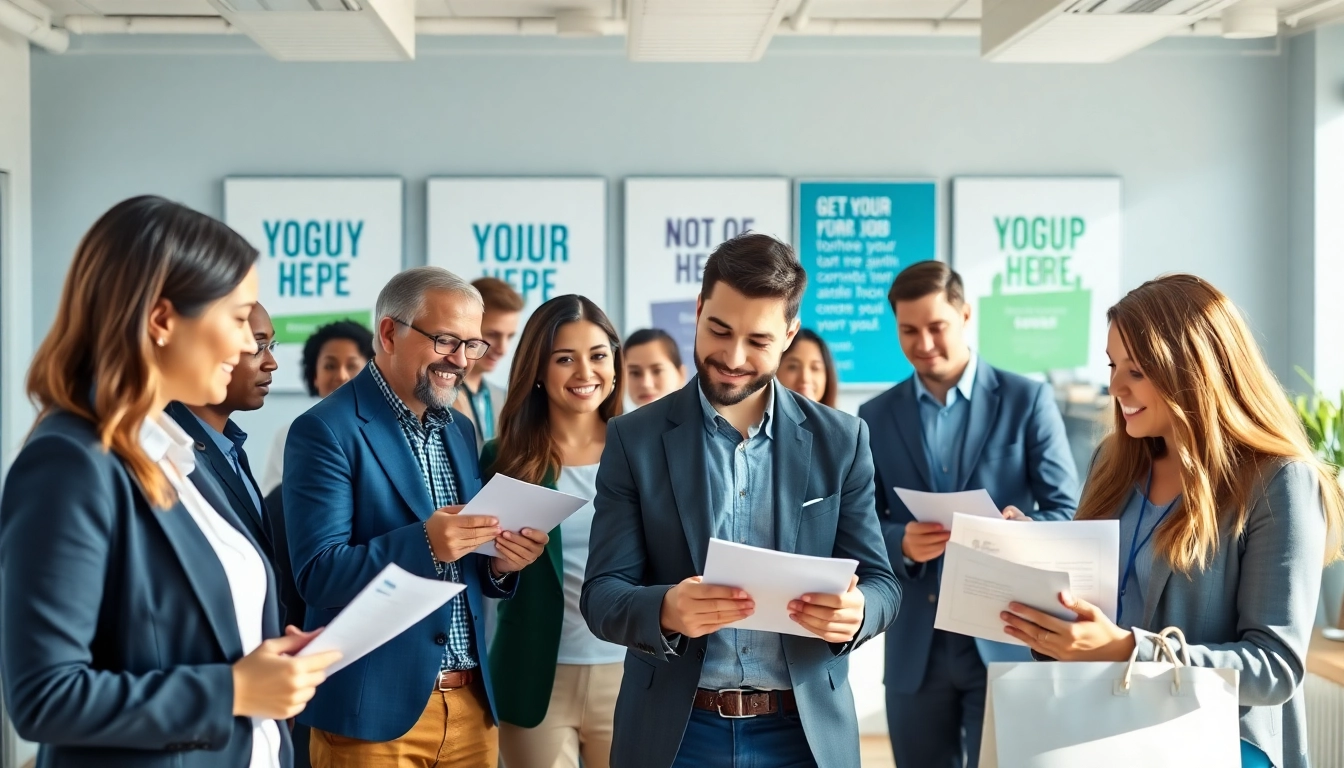 Engaging job help scene illustrating collaboration among job seekers in a vibrant office.