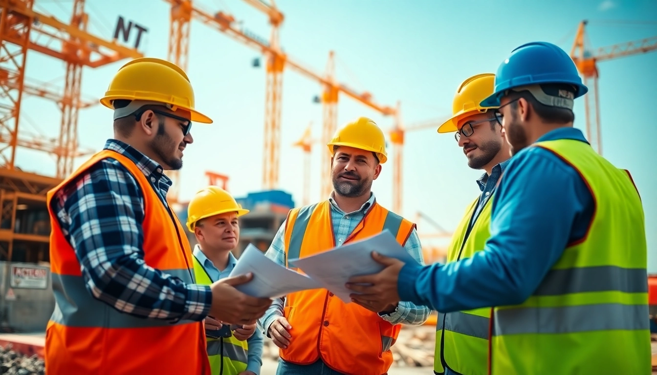 Construction career professionals collaborating on a busy site, showcasing teamwork and planning.