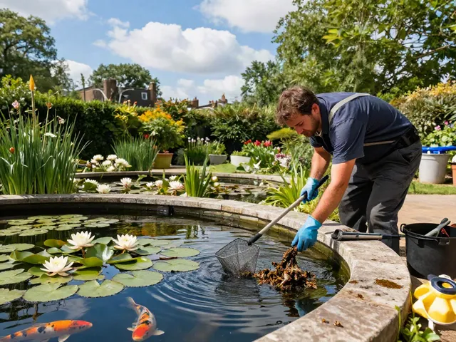 Pond cleaning London service in a tranquil garden, technician maintaining a beautiful pond.