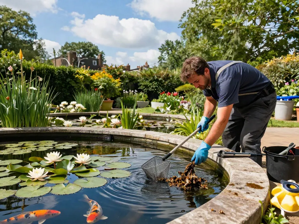 Pond cleaning London service in a tranquil garden, technician maintaining a beautiful pond.