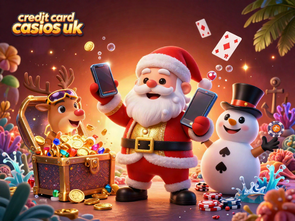 Experience the excitement of credit card casinos UK with Santa, a reindeer dealer, and a snowman, surrounded by vibrant casino elements.