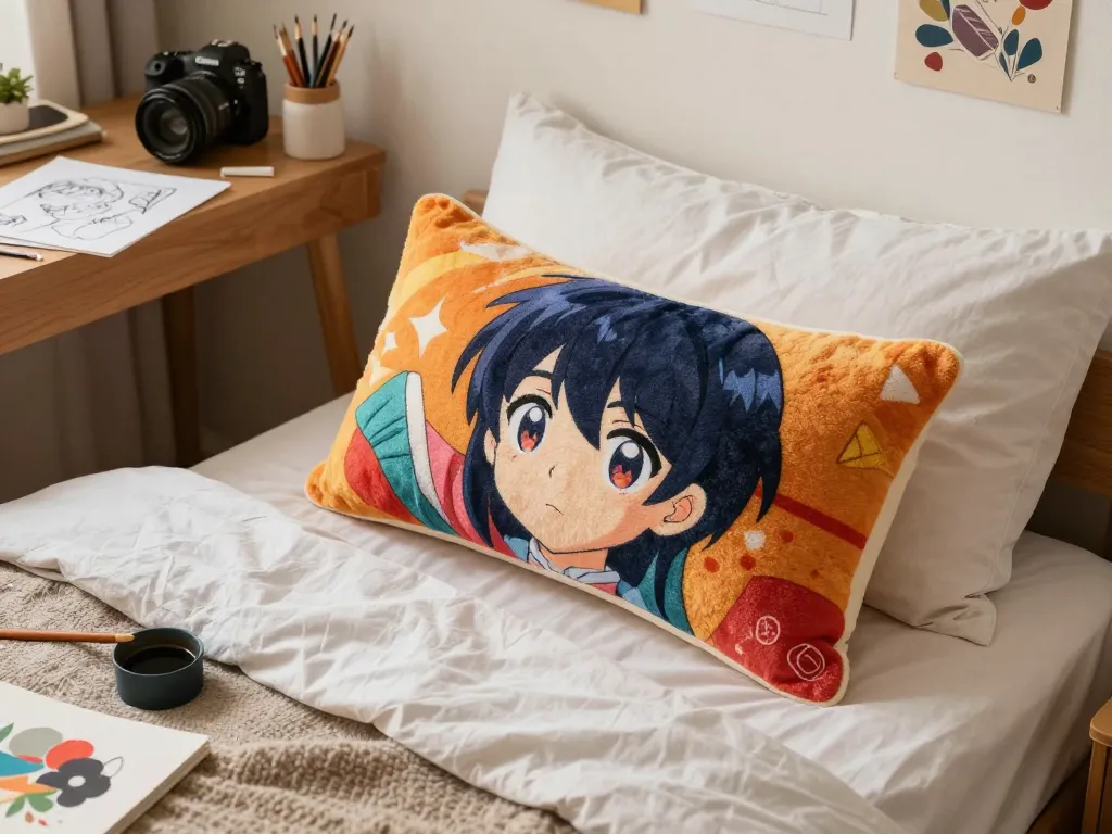 Custom body pillow on a cozy bed showcasing vibrant design and plush texture in a personal bedroom setting.