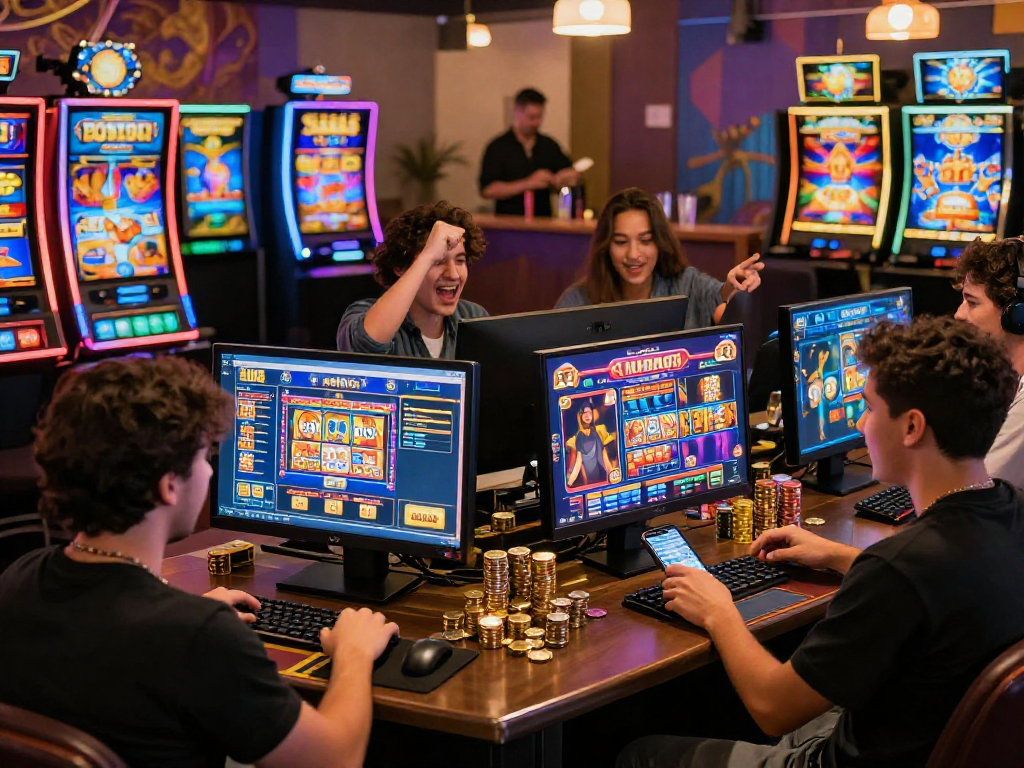Exciting gaming environment featuring the best bonus buy slots in the UK, with players enjoying vibrant slot machines and cohesive ambiance.