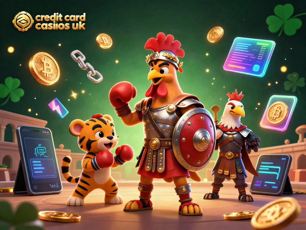 Experience thrilling action at credit card casinos UK with a brave rooster gladiator in a vibrant 3D scene.