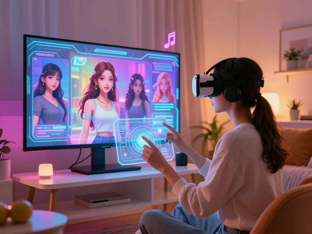 Engaging interaction with an AI girlfriend in a vibrant futuristic setting, showcasing immersive digital technology and character avatars.