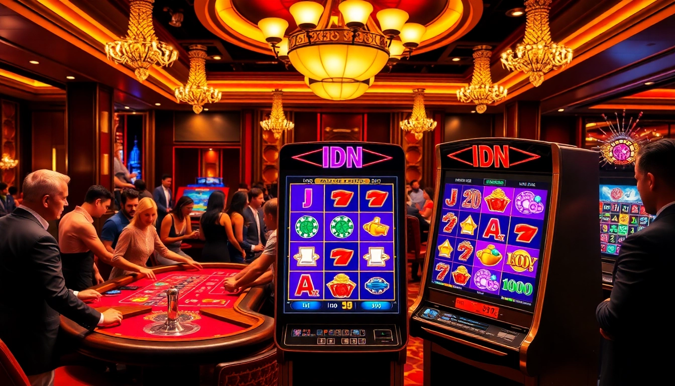 Catching the thrilling moment at an IDN Slot machine in a luxurious casino with engaged players.