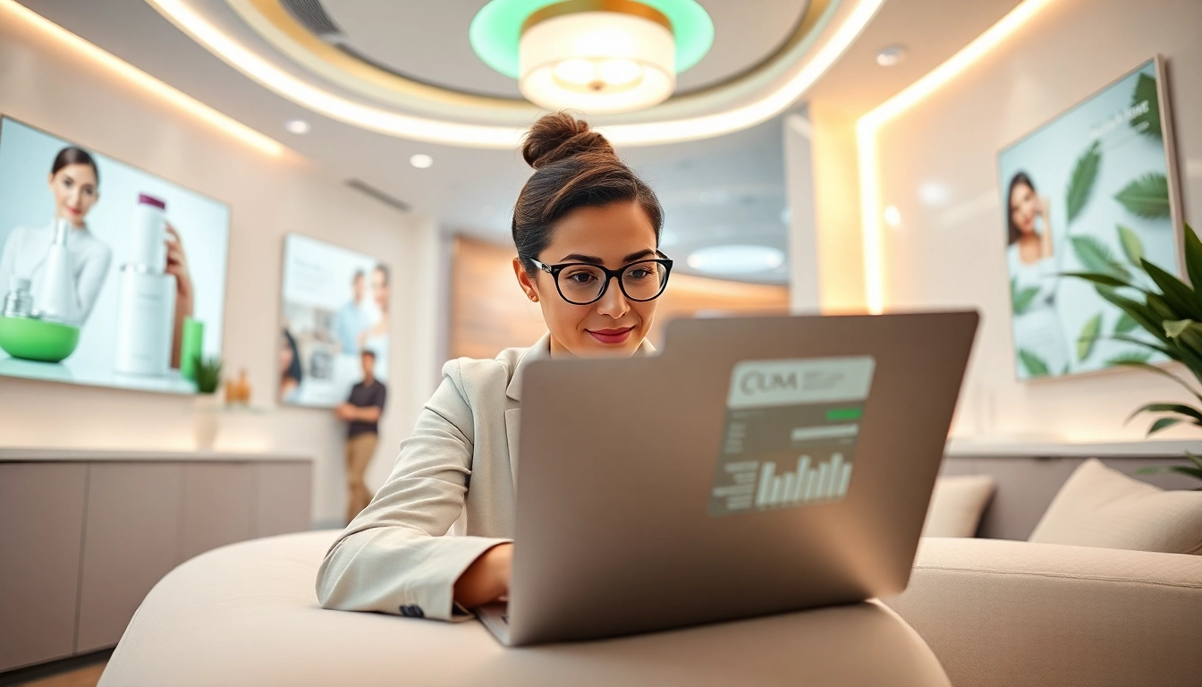 Strategist analyzing medspa digital marketing data in a modern and inviting spa setting.