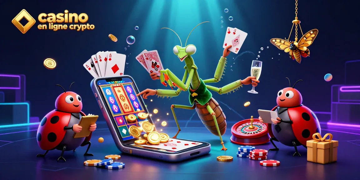 Illustration ludique de casino en ligne crypto mettant en avant un caméléon jouant aux cartes avec un croupier et des éléments de jeu.