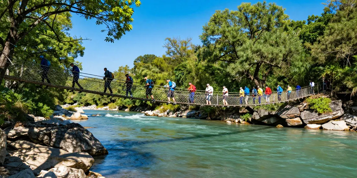 Group of hikers crossing a scenic River Rope Bridge surrounded by lush nature, capturing adventure.