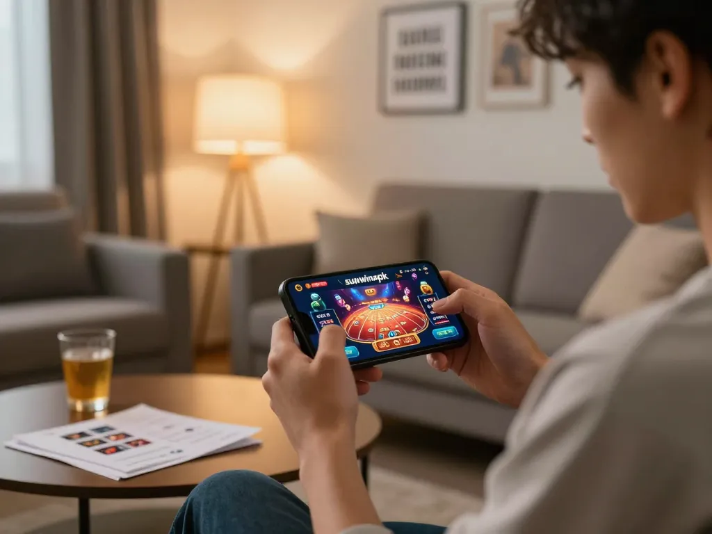 Engaging with sunwinapk app during a casual home gaming session, showing vibrant casino game interface.