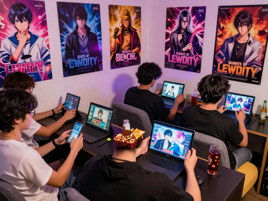 Players immersed in Degrees of Lewdity and adult visual novels in a vibrant gaming nook with diverse devices.