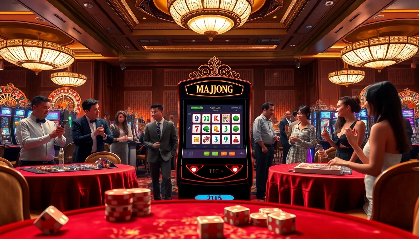 Engaging players enjoying a slot demo mahjong experience in a luxurious casino setting.