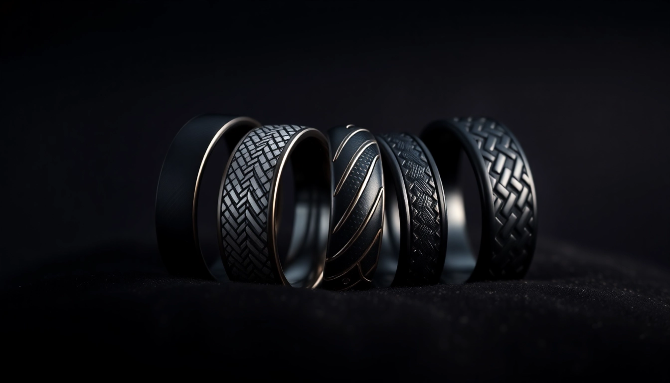 Showcase black wedding rings for men with unique designs and textures against a dark backdrop.